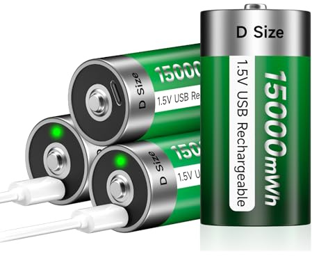 Palogreen USB D Rechargeable Battery Lithium 1.5V Constant Output 15000mWh Li-ion, D Cell Batteries with Type-C Charging Cable,4 Pack Size D Lithium Rechargeable Batteries