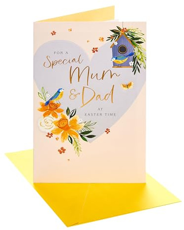UK Greetings | Easter Card for Mum & Dad | Her/Him | Daffodils & Birds Design | With Envelope | 13.7 x 21 cm
