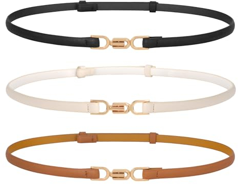 WERFORU 3 Stück Leder Skinny Frauen Gürtel Mode Damen dünne Leder Taillengürtel für Kleider mit Goldschnalle Schwarz/Beige/Braun