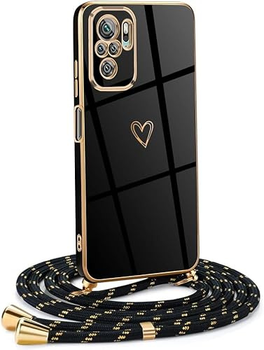 Mkej Frauen Mädchen Handykette Kompatibel mit Xiaomi Redmi Note 10 4G - Silikon Hülle mit Band - Handyhülle für Xiaomi Redmi Note 10 4G Herz Love Design Galvanik - in schwarzes Gold