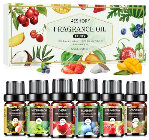 AESHORY Kit Huiles Parfumées Aromathérapie Fruitées 6x10ML, Huile Essentielle Fruits Pures & Naturelle, pour Diffuseurs, Massage, DIY Bougie - Cerise, Fraise, Myrtille, Noix de Coco, Pastèque, Mangue