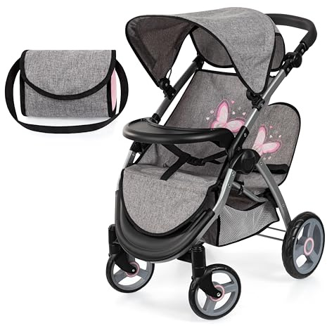 Bayer Twin Dolls Pram - Foldable Dolls Double Buggy for 46 cm Doll, Twin Stroller with Adjustable Handle Height for Girls - Double Pushchair, Basket & Changing Bag - Baby Doll Pram for 3 + Years Old