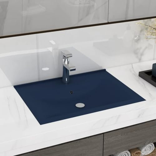 Vasque à Encastrer, Lavabo Encastré Lave-Mains Salle de Bain Lavabo avec trou de robinet Bleu foncé mat 60x46 cm Céramique