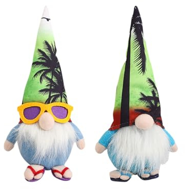Beach Summer Gnomes Plush 10inch Handmade Sunglasses Gnome Dwarf Figurines Wearing Flip Flop, Hawaiian Palm Trees Swedish Tomte Scandinavian Tiered Tray Ornaments for Home Farmhouse Decor (2PCS 2)