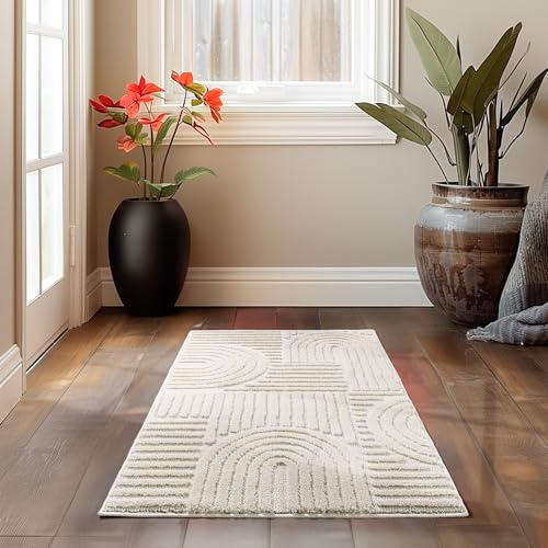 HomebyHome Teppich Läufer 60x110 cm Creme, Hochflor Wohnzimmer Teppich, Weich & Flauschig, Skandinavisch Boho Stil, Langflor Shaggy, Pflegeleicht, Jute Rückseite