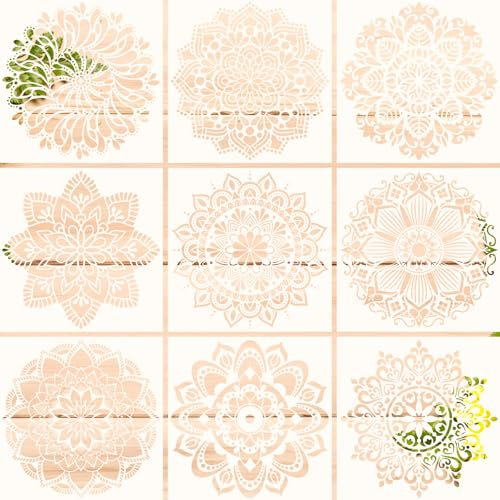 Pilikoll 9 Stück 30x30cm Mandala Schablone Set Mandala Dotting Schablone Mandala Wand Schablonen Groß Mandala Schablonen Mandala Painting Stencils Schablone für Wand, Boden, Fliese Dekoratio