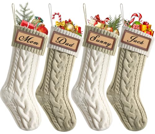 Weldomcor 4 Pezzi Calze di Natale da Appendere, 46 cm Calze di Natalizie a Maglia Grandi Calza Befana Natale per Camino Albero Natale Decorazioni Feste di Natale (Cachi, Bianco)