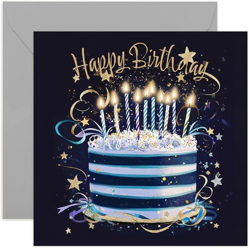 Special Male Birthday Card for Men - Birthday Greeting Cards for Him - Navy Blue and Gold Happy Birthday Cake Artwork Birthday Cards for Men - Stylish and Traditional Male Birthday Cards