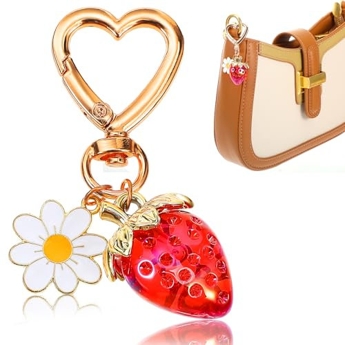 Nogeqi Porte-clés en forme de fraise, de sac, mignon et esthétique Kawaii, avec cœur, fleur et marguerite, accessoire décoratif pour filles et femmes, rouge, 6.7cm