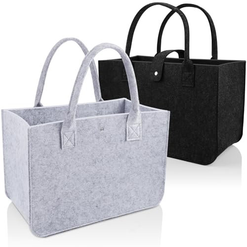 PUWOWYE 2 Pièces Sac de Courses en Feutre 30x20x18cm, Pliable Panier en Feutre, Grand Sac en Feutre Avec Anse pour Bois de Cheminée, Jouets, Vêtements, Shopping, 39x26x20cm, Noir & Gris Clair