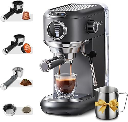 CAFELFFE Espressomaschine mit Milchaufschäumer, Siebträgermaschine für Heiß- und Kaltbrühkaffee, Für Nes*- und DG*-Kapseln, ESE-Pads und Kaffeesatz, 7-stufige Kaffeemengenauswahl, Grau