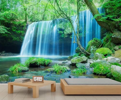 YEMYOR Peintures murales de cascades forêt, forêt verte, cascade, papier peint, ruisseau de montagne, paysage naturel vert, salon, chambre-350x256cm