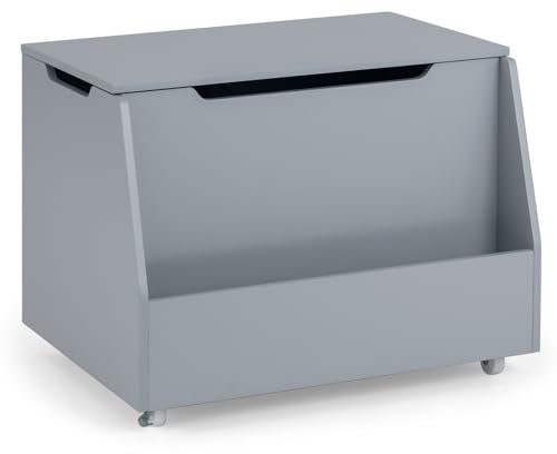 GYMAX Wooden Toy Box, Children Storage Chest with Lid, Lockable Wheels & Extra Storage Area, 2 In 1 Kids Bench for Boys Girls (Grey)