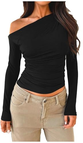 Maglietta da donna a maniche lunghe, con collo inclinato, con spalle scoperte, a maniche lunghe, in maglia