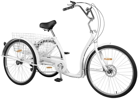 Tricycle 26-tums vuxen trehjuling med 6 växlar och korg, justerbar sadel, svart/vit, 1,4-1,8 meter(White)