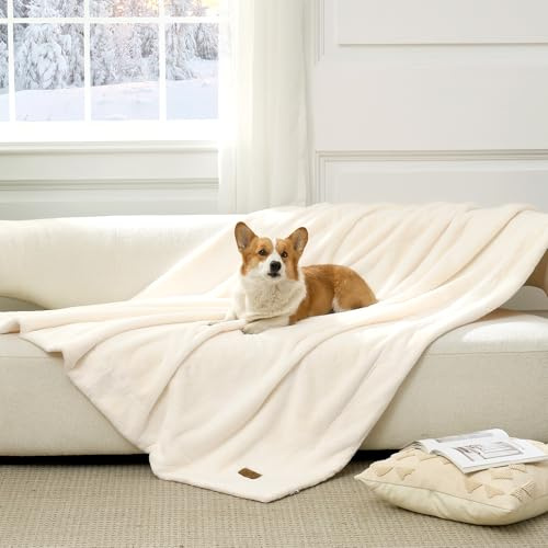 COZY KISS Waterproof Pet Blanket, Ultra Soft Luxury Faux Fur Throw Blanket for Couch, Cozy Warm Plush Blanket for Sofa Bedroom Living Room, Liquid Pee Proof for Large Dog or Cat, 40x60 inch, Cream