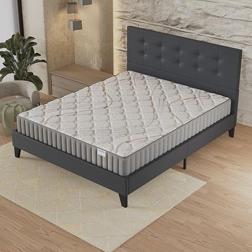 NOVEMBER- Ensemble Matelas + Sommier & tête de lit capitonnée (160 x 200cm) - Matelas Sirius Latex Naturel d’épaisseur 22cm + Lit Stable & Robuste, revêtement synthétique Noir