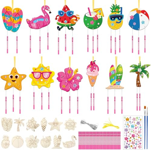 SRIZIAN 12 Pièces Kit Bricolage Carillon à Vent, Plage d'été en Bois à Peindre pour Enfants Ornements Suspendus en Bois Décoration de Fête d'anniversaire Hawaï