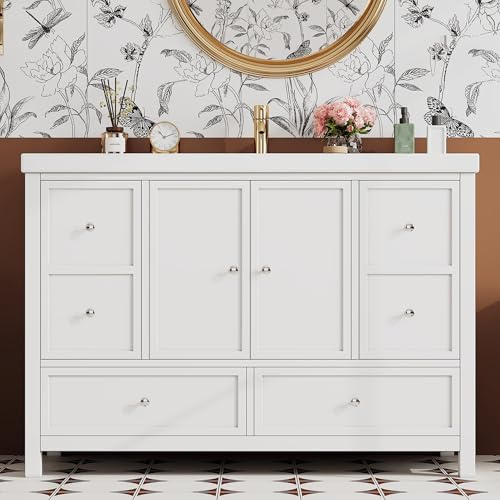 BENMWS Tocador de baño independiente, 120 x 50 x 86,5 cm, color blanco, lacado, cuatro cajones silenciosos, puertas dobles con función de cierre suave, lavabo de resina integrado