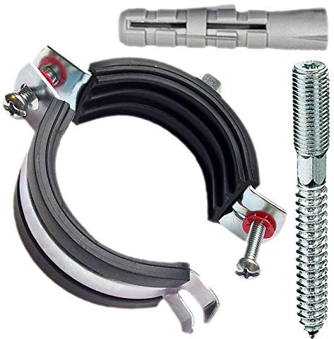 MegaHaustechnik 2-Schrauben-Rohrschellen aus Stahl verzinkt, Set 5 Stück mit Stockschrauben und Dübel, Spannbereich 75 bis 80mm Rohr-Außendurchmesser 2 1/2 Zoll mit Schallschutz, mit M8 Gewinde-Mutter