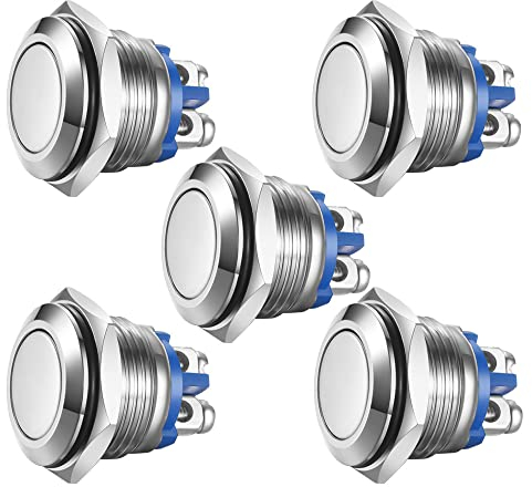 Gebildet 5pcs 16mm 5A 12V/24V/125V/250VAC Bouton Poussoir momentané Bornes à vis en Acier Inoxydable Bouton étanche à l'eau (Tête Haute)