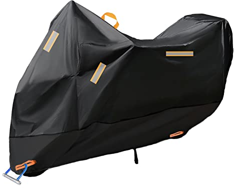 Baogaier Funda para Moto 300D Espesado 295x110x140cm Funda Protector Cubierta de Motocicleta Impermeable A Prueba de UV Polvo Viento con Banda Reflectante Agujero de Seguridad Bolsa de Viaje XXXXL 4XL