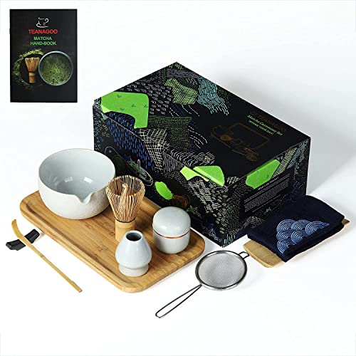 TEANAGOO Japanisches Tee-Set mit Tablett aus Bambus, Matcha-Schüssel mit Ausgießer, Bambus-Matcha-Schneebesen (Chasen), Schaufel (Chashaku), Schneebesenhalter, Teepulverdose. O3, Hellgrau,…