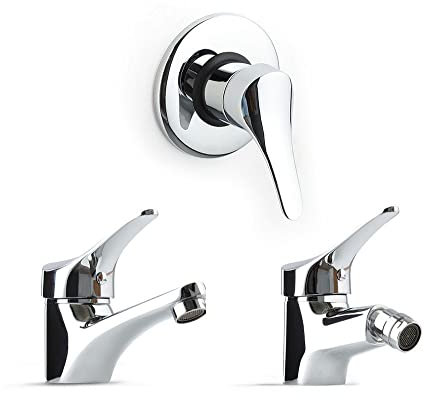 Kiamami Valentina - Set Miscelatori Bagno | Rubinetto Lavabo, Bidet e Incasso Doccia | Ottone Cromato, Leva Zinco | Cartuccia 40 mm, Flessibile 35 cm | Certificati ACS