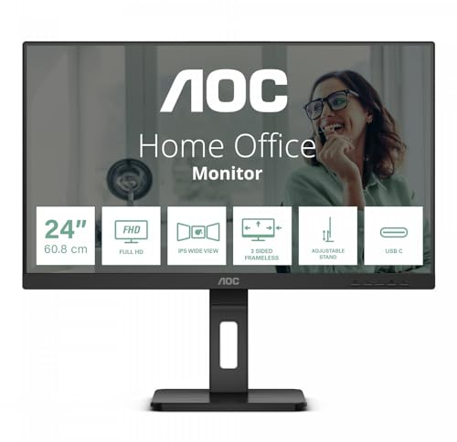 AOC 24P3CV - 24 Zoll Full HD Monitor, höhenverstellbar, Lautsprecher (1920x1080, 75 Hz, HDMI, DisplayPort (in/out), USB-C (65W PD), RJ45, USB Hub) schwarz