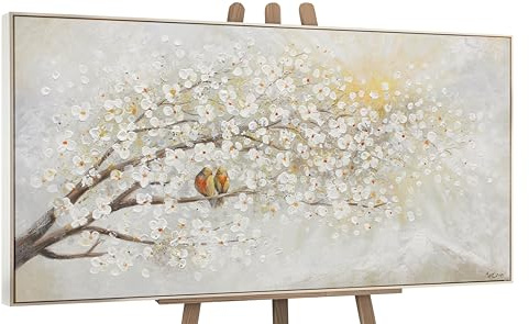 YS-Art Pintado en acrílico paisaje primaveral Amanecer Pintura hecha a mano árboles en flor Bellas flores blancas con marco 140x70 cm