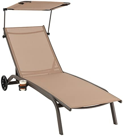 COSTWAY Tumbona Jardin Reclinable 6 Niveles, 2 Ruedas, Tumbona Playa Parasol Ajustable y Portavasos, 191 x 61 x 96cm, Carga 150kg, ExteriorTerraza Balcón Piscina (café)