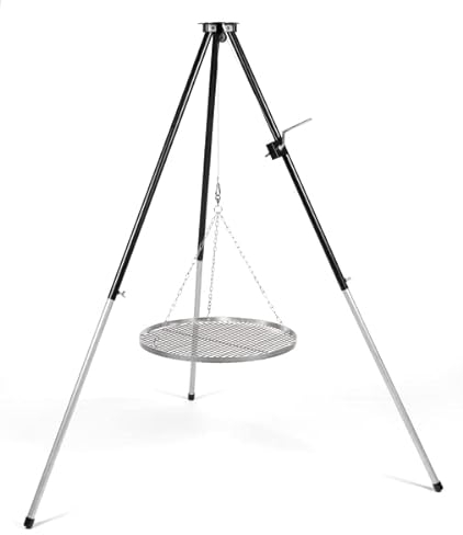 HeRo24 Barbacoa de tres patas con manivela y parrilla de acero inoxidable de 60 cm, carbón vegetal, negro y plateado, recubrimiento de polvo, altura ajustable, independiente, exterior