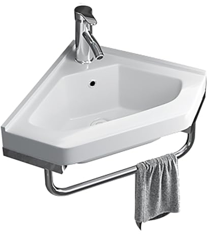 Wandmontiertes Eckwaschbecken, Gefäßwaschbecken aus Reinem weißem Porzellan und Keramik, Kleines Waschtisch-Waschbecken, Handwaschbecken, mit Wasserhahn-Ablaufhandtuchstange, für Restaurant, Bar, Café