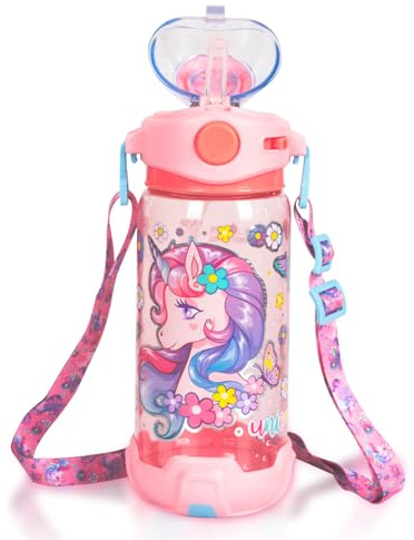 Kids Water Bottle with Straw/Lanyard for School Kids Girls Boys, 22oz BPA Free Child Drinking Water Bottle One-Click-Open Leak-Proof Locking Flip Lid for School Sport Travel