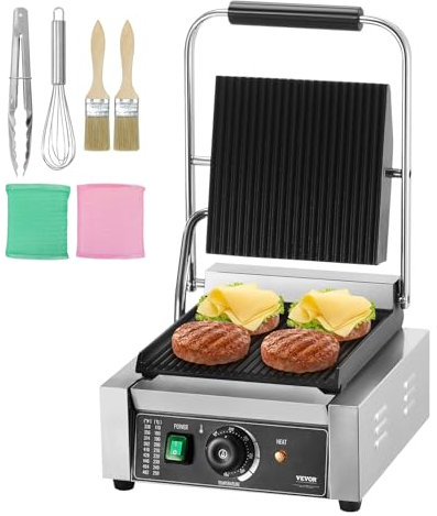 VEVOR Griglia per Panini Commerciale, 1800 W Pressa per Sandwich in Acciaio Inox, con Controllo della Temperatura, Piastra Smaltata Completamente Scanalata 225 x 230 mm per Hamburger Bistecca Pancetta