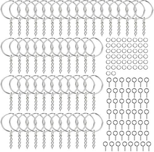 Rapidbok 150 Stück Schlusselring mit Kette, Flachen Metall Schlüsselring Ringe, Keyring Chain mit Offene Binderinge & Ösenstifte, Ring Schlüssel für Schlüssel Handwerk DIY, Schmuckherstellung