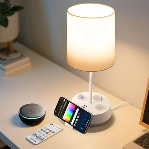 Aigostar- Lamparas de Mesita de Noche Inteligente Compatible con Alexa, Lámparas de Mesa Tela, 2700K-6500K y RGB Regulable, con 3 Enchufes (Type F), 3 Puerto de Carga Rápida, Mando a Distancia,Blanco