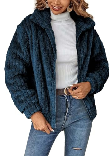 HUXRAKV Manteaux Femme Hiver Veste Courte d'automne en Peluche Blousons avec Poches Zippée Manteau Polaire à Revers
