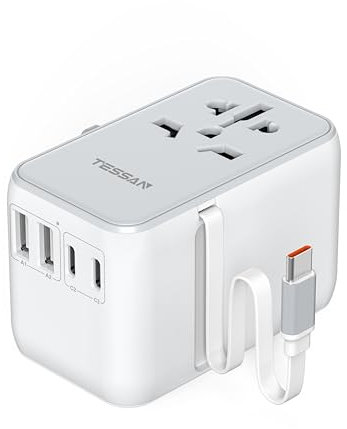 TESSAN Adaptateur Prise Universelle avec Câble USB C Rétractable PD 35 W, Adaptateur de Voyage avec 4 USB A et 1 AC 2500W, Prise International France vers Anglaise Japon Canada Thailande Australie