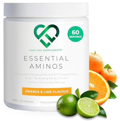 EAA Amino Acids Powder, All 9 Essential Amino Acids Including BCAA's, Orange & Lime Flavour, 360g - 60 Servings (5g of EAA's per Serving) - Love Life Supplements
