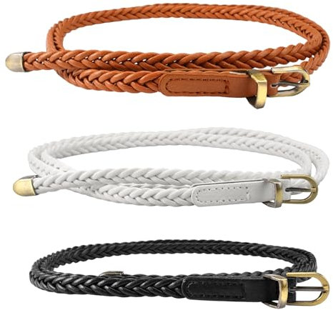 3 Stück Schmaler Gürtel Damen Verstellbar, Gesamtlänge 99 cm, FlechtgüRtel Bindegürtel Damen, Kleid Gürtel, Damengürtel Schmal für Jeans, Kleider, Blusen, Verschiedene Anlässe, Schwarz, Weiß, Kamel