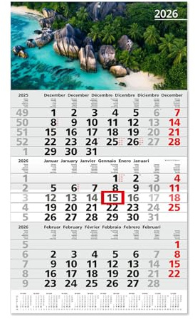 Timr Calendario 3 mesi 2026 panoramica annuale - 53 cm - Internazionale multilingue DE/GB/FR/IT/ES/NL - Calendario da parete con cursore - Motivo Spiaggia vista dall’alto I tr344