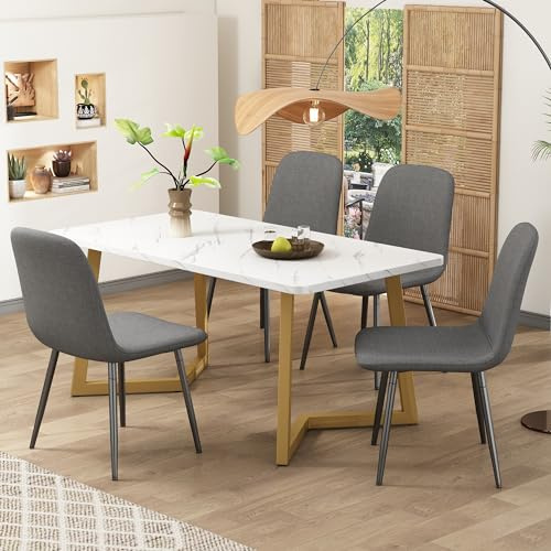 YAIXBNG Matgrupp, (5 delar), matbord med 4 stolar, modernt köksbordsset, matstolar i modern design med ryggstöd, ben av metall, grå linne, gyllene bordsben