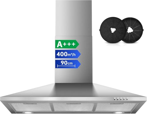 SNDOAS Chimney Cooker Hood 90cm, 400m³/h Extractor Fan for Kitchen with Carbon Filters, A+++, 3-Speed with LED Lights, Recirculating & Ducting Modes Wall Mounted Range Hood, Silver
