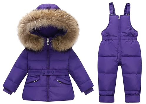 Combinaison de neige mignonne pour fille avec veste de ski et bavoir de neige 2 pièces avec fermeture éclair et combinaison de neige pour le ski, le snowboard et le snowboard, violet, 110