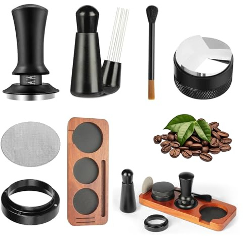 51mm Espresso Tamper Set, 7PCS Espresso Machine Accessories Kit, Coffee Tamper Kit with WDT Tool, Distributor,Dosing Funnel,Puck Screen,Brush&Tamper Station,Coffee Accessories Set for 51mm Portafilter