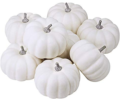 BESTTOYHOME 8 Pcs Realistic 4 Fall Harvest Small Off White Mini Artificial Pumpkins for Halloween, Fall and Thanksgiving Decorating
