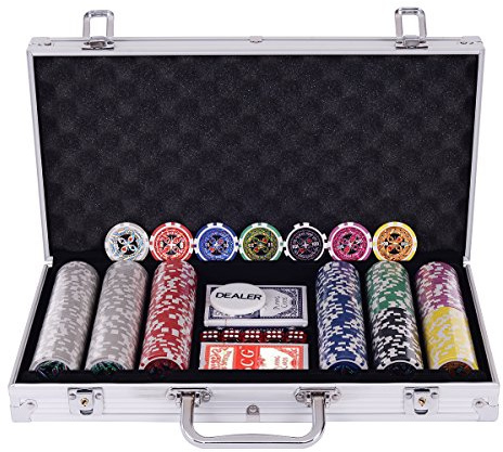 DREAMADE Mallette de Poker Verrouillable avec 300 Jetons avec Autocollant Laser, Bouton de Donneur, 2 Jeux de Cartes, 5 Dés et Mallette de Poker en Aluminium (Argent)