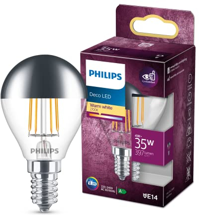 Philips LED Lampadina Sfera Filamento, Equivalente a 35W, Attacco E14, Luce Bianca Calda, non Dimmerabile, Crown Mirror