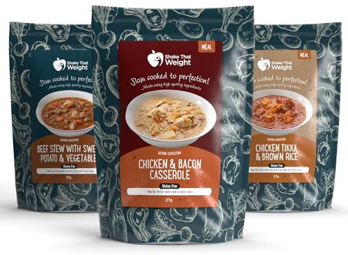Shake That Weight - Best of British: Chicken & Bacon Casserole, Chicken Tikka with Brown Rice, Beef Stew with Sweet Potato - High Protein Diet Ready Meals, Ready to Eat (MRE) Suitable for Camping